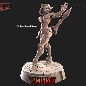 Miniatura de espadachín vampiro | Figura de Nisha, valquiria de medianoche femenina | para D&D 5e, Pathfinder y otros juegos de rol | 32 mm