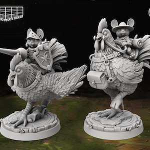 May include: Two detailed, gray miniature figurines. One depicts a mouse knight with a lance and shield riding a rooster. The other shows a mouse with a hat and satchel riding a rooster. The figurines are on circular bases.