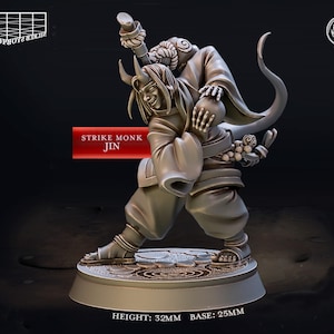Peut inclure: Une figurine miniature détaillée d'un moine de combat Jin, un personnage d'un jeu de table. La figurine est peinte en bronze et représente un moine en position de combat, tenant un bâton et un petit orbe. La base de la figurine est décorée de détails complexes. La figurine mesure 32 mm de haut et a une base de 25 mm.