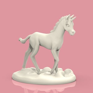 May include: A white unicorn figurine with a horn, mane, and tail, standing on a cloud-like base. The figurine is set against a pink background, creating a whimsical and fantasy-themed aesthetic. The unicorn is a symbol of magic and wonder.