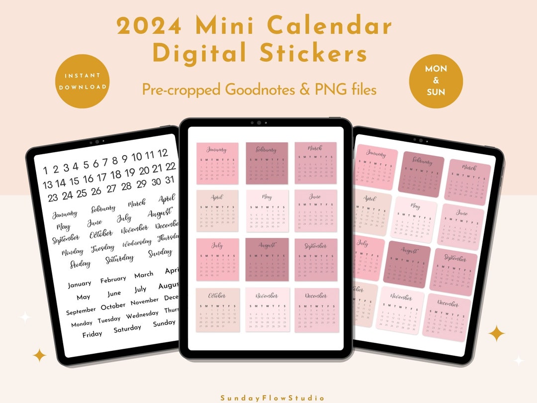 2024 Mini Digital Calendar Stickers, Pink Calendar Goodnotes Stickers