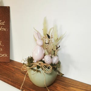 Paasarrangement, paasnest met konijn, 30 cm, lang houdbare gedroogde bloemen, paasdecoratie, tafelarrangement, landelijke stijl, lang houdbaar