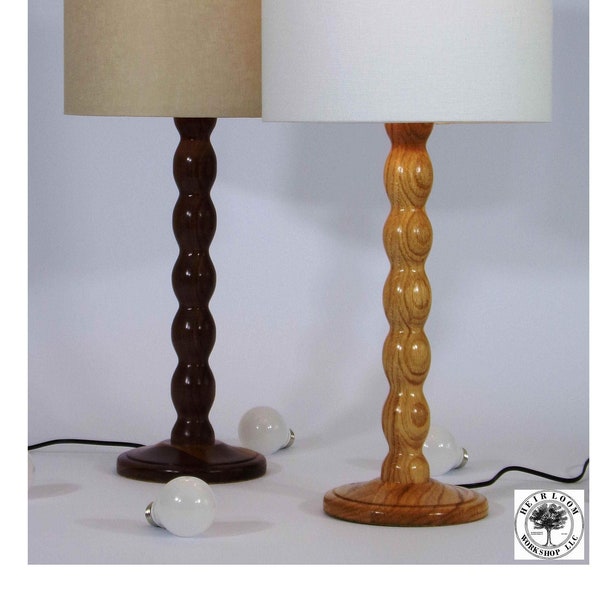 Beaded Turned Table Lamp in Walnut or Oak - 25" Tall - 11" x 8.5" Linen Drum Shade, Handmade Natural Hardwood, Bubble Bobbin Ball Home Decor
