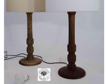 Beaded Hardwood Turned Table Lamp in Walnut or Distressed Oak, 24” Tall, No Shade, Handmade MCM Decor