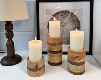 Pillar Candle Holder Set of Three – 4" Cylinder Solid Turned Hardwood – Modern Rustic Boho Farmhouse, Centerpiece Mantel, Wax LED Fall Decor