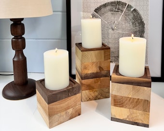 Pillar Candle Holder Set of Three, 4" Cubed Solid Mixed Hardwood, Fall Centerpiece Home Decor, Modern Rustic MCM Farmhouse, Mantel, Wax LED