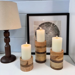 Pillar Candle Holder Set of Three – 4" Cylinder Solid Turned Hardwood – Modern Rustic Boho Farmhouse, Centerpiece Mantel, Wax LED Fall Decor