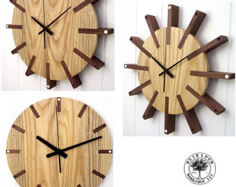 Round Hardwood Wall Clock, 13.5” Diameter, 3 Styles – Ash Dial with Walnut Accents – Silent Quartz Movement - Natural Wood, Versatile Design