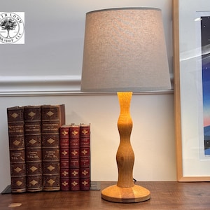 Handmade Oak Desk Lamp: Turned Post, Linen Shade, Mid-Century Modern, 21" Tall