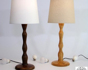 Hand Turned Table Lamp in Walnut or Oak, 24” Tall, Organic Curvy Post, Hardwood, 10" Tapered Natural or White Linen Lampshade MCM Home Decor