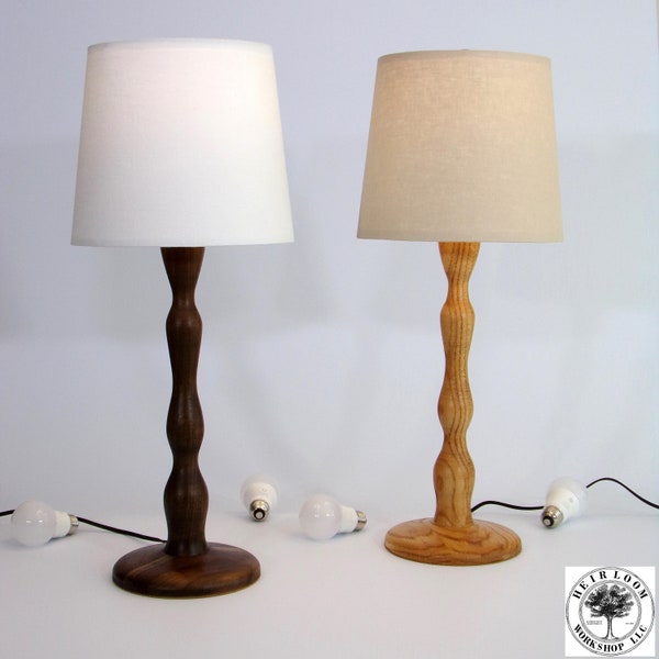 Hand Turned Table Lamp in Walnut or Oak, 24” Tall, Organic Curvy Post, Hardwood, 10" Tapered Natural or White Linen Lampshade MCM Home Decor