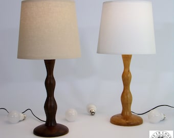 Walnut or Oak Hardwood Hand Turned Table Lamp, 21” Tall, 10” Taper Linen Lampshade Natural or White, Organic Curvy Post, MCM Mod Home Decor