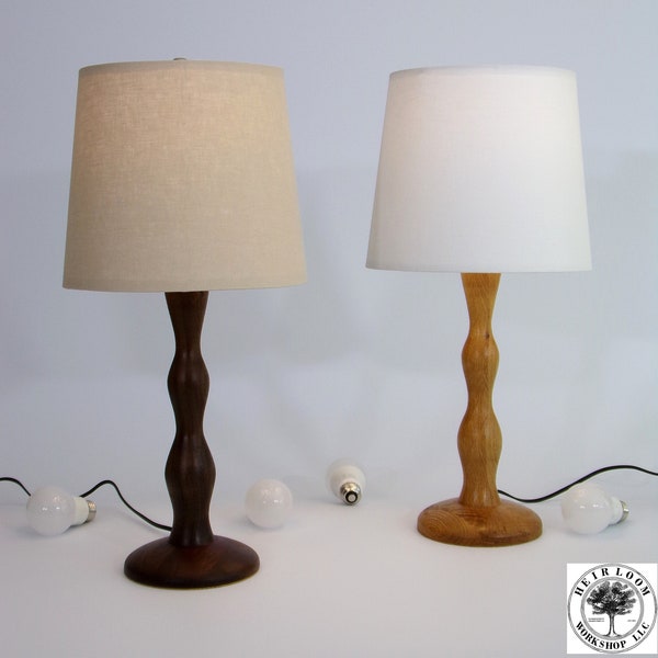 Walnut or Oak Hardwood Hand Turned Table Lamp, 21” Tall, 10” Taper Linen Lampshade Natural or White, Organic Curvy Post, MCM Mod Home Decor