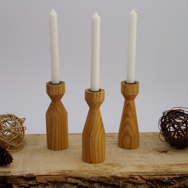 Set of 3, Ash Hardwood Taper Candle Holders, 7” Tall, Natural Wood Gift, Dining Table Centerpiece Mantel Fall Home Decor, MCM Candlesticks