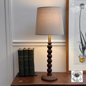 Handmade Walnut Table Lamp: Beaded Bobbin Post, Antique Brass, Tapered Shade, 28" Tall