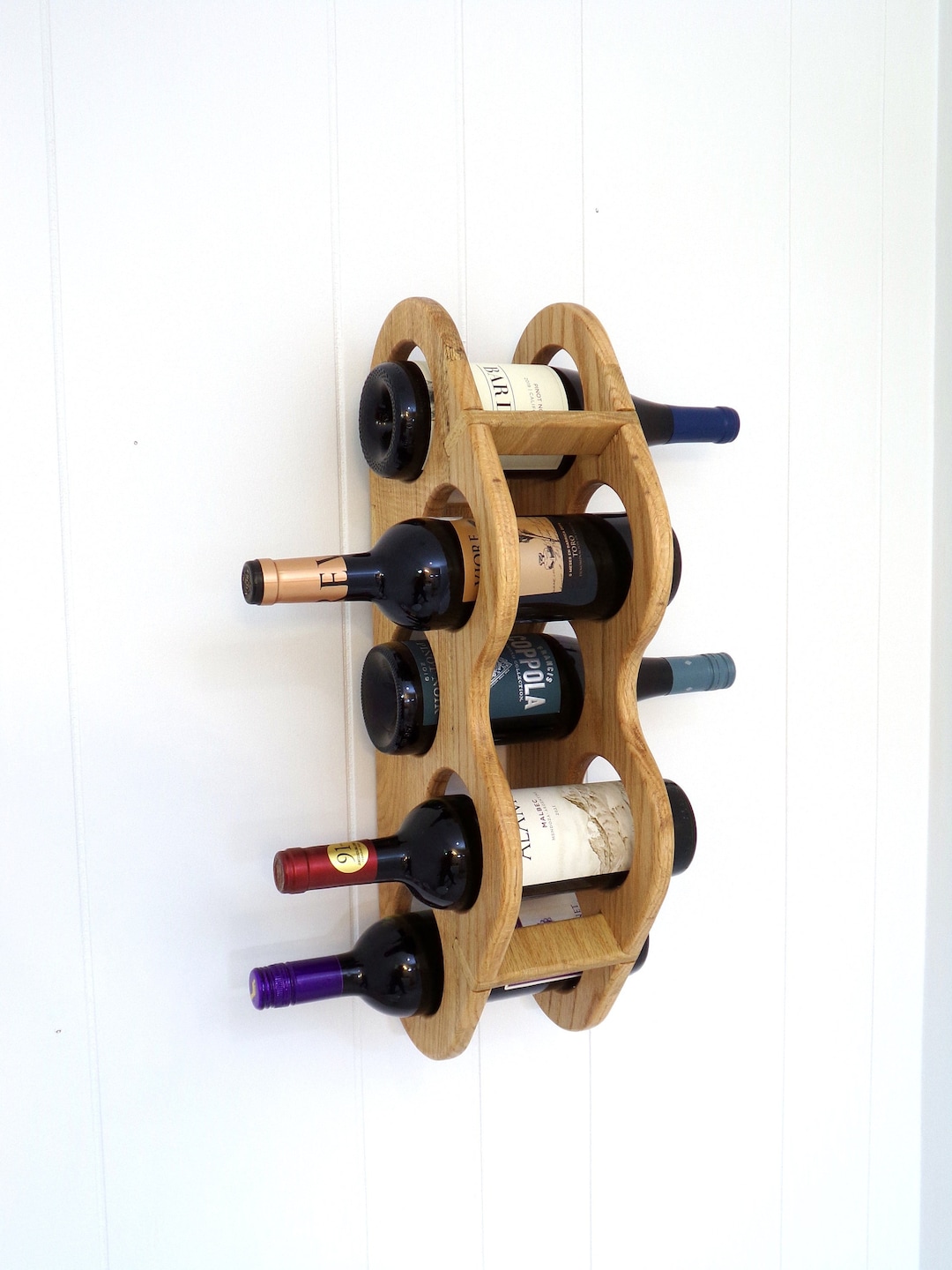 Oak Wall Mount Wine Bottle Holder Holds Five Bottles 21 Etsy