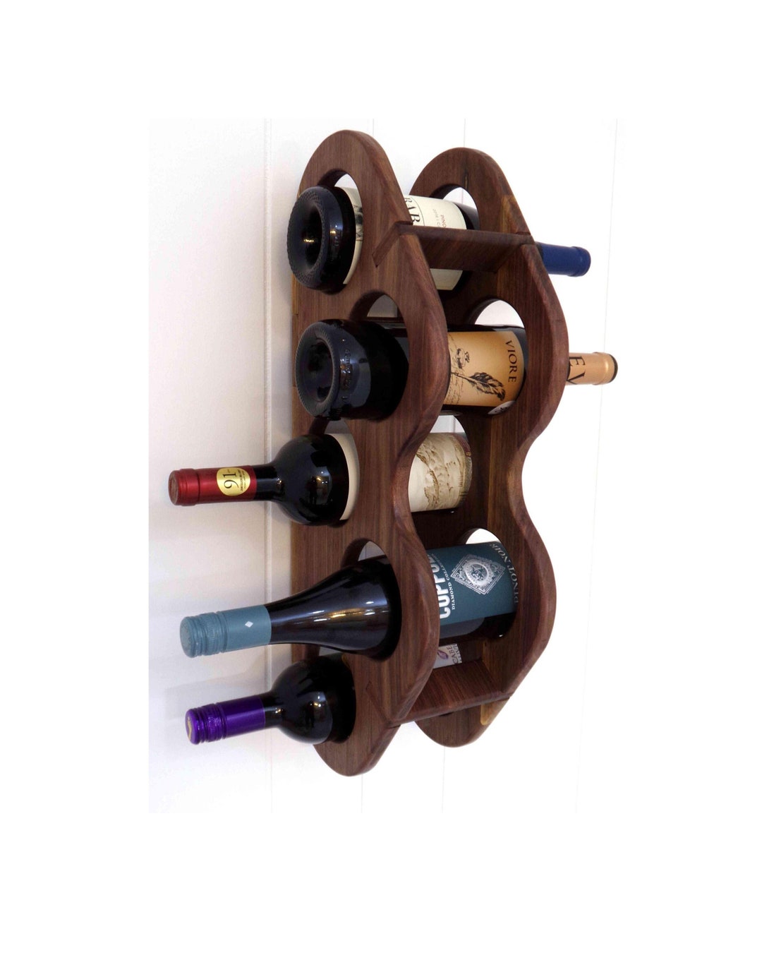 Walnut Wall Mount Wine Bottle Holder Holds Five Bottles 21 Tall Sturdy