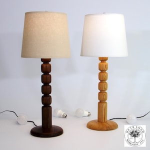 Beaded Turned Table Lamp in Black Walnut or Oak, 24" Tall, 10" Tapered Linen Lamp Shade, Handmade Natural Hardwood, Bubble Ball Home Decor