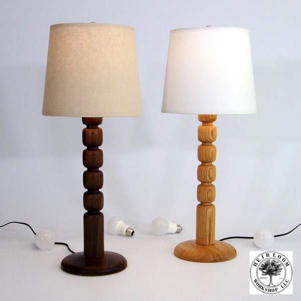 Beaded Turned Table Lamp in Black Walnut or Oak, 24" Tall, 10" Tapered Linen Lamp Shade, Handmade Natural Hardwood, Bubble Ball Home Decor