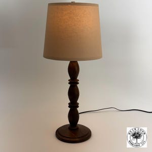 Walnut Turned Table Lamp, 23&quot; Tall, 10&quot; Wide Tapered Lamp Shade, Handmade Natural Hardwood, Beaded Post, Modern Colonial Home Decor