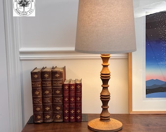 Handmade Weathered Oak Table Lamp: Colonial Reeded Post, Linen Tapered Shade, 25" Tall