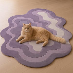 Wavy Abstract Purple Area Rug – Modern Irregular Shaped Carpet in Lilac & Lavender Tones – Soft Aesthetic Accent for Living Room or Bedroom.
