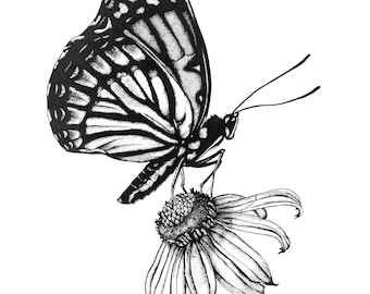 Butterfly & Flower - Illustration, dot work, stippling, A4 prints