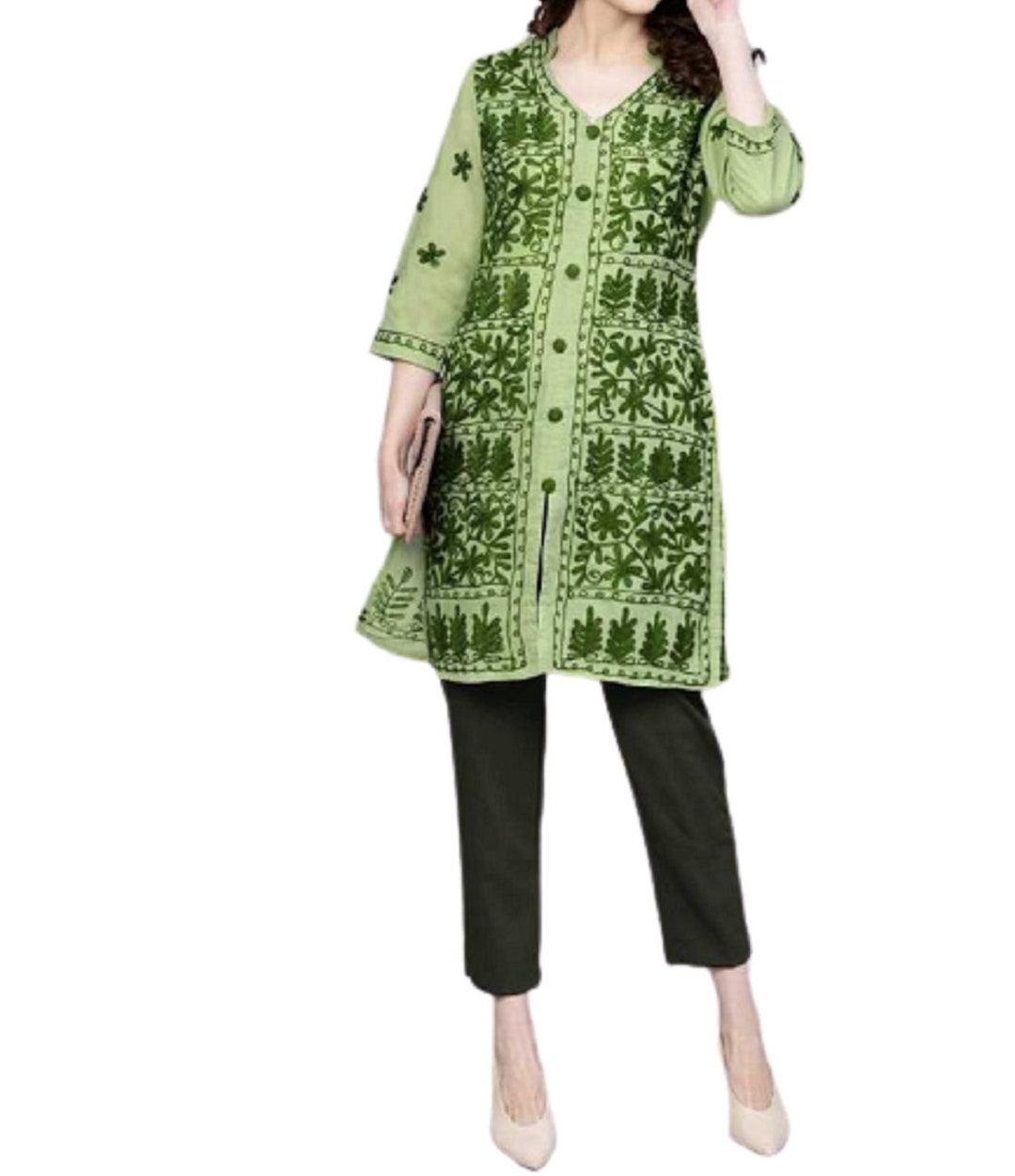 Green - Lucknowi Chikankari Work Pochampally Ikat Unstitched Kurta Material (2.5M) 87