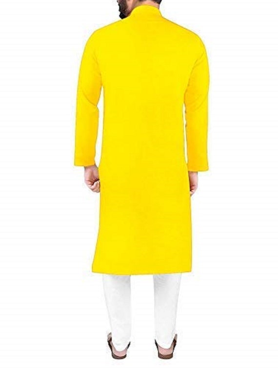 Yellow cotton chanderi short kalidar kurta set, with off white silk th –  Kora India