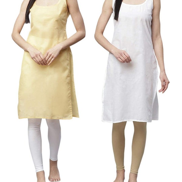 2 Long Length Inner Slips for Under Dress, Beige and White Color Inner Slips, Women Cotton Full Camisole Slips for Kurta and Kurtis