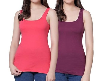 Carrot Red and Wine Color Women's Regular Fit Sleeveless Cotton Short Camisole Slip Spaghetti Combo Pack of 2