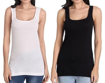 Black and White Color Women's Regular Fit Sleeveless Cotton Short Camisole Slip Spaghetti Combo Pack of 2