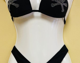 Skull Rhinestone Studded halter high cut thong bikini buttom and top are separate prize non removable padding