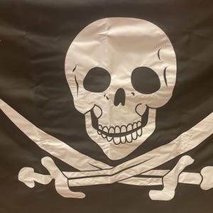 May include: A black and white pirate flag with a skull and crossbones design. The skull is white with black eyes and a toothy grin. The crossbones are white and are crossed behind the skull.