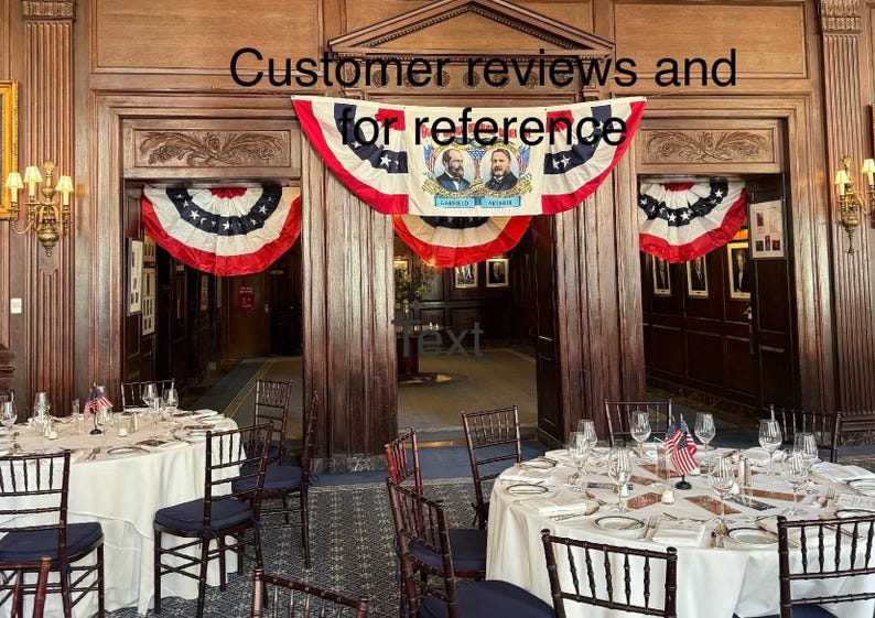Puede incluir: Una foto del interior de un comedor formal con mesas redondas preparadas para un banquete. La habitaci&oacute;n est&aacute; decorada con banderines patri&oacute;ticos rojos, blancos y azules. El texto "Customer reviews and for reference" es visible.