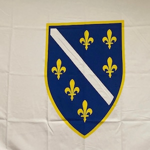 以下が含まれることがあります： ボスニア・ヘルツェゴビナの国章が描かれた白い旗。国章は、白い斜めのストライプと6つの黄色のユリの紋章が付いた青い盾です。