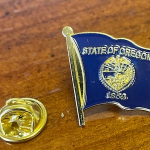 State of OREGON flag lapel pin hand stamped and baked finished cloisonné pin about and 1”length X 1”height