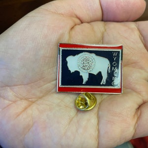 Wyoming state map lapel pin hand stamped and baked finished cloisonné pin