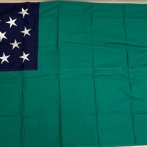 May include: A green flag with a blue square in the upper left corner, featuring 13 white stars. The flag has a white stripe along the hoist side. The flag is rectangular and made of fabric.