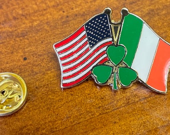 USA & IRELAND Shamrock lapel Pin hand stamped and baked finished hat, cloth and biker lapel pin and 12"x18" printed Ireland shamrock bunting