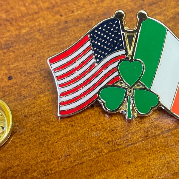 USA & IRELAND Shamrock lapel Pin hand stamped and baked finished hat, cloth and biker lapel pin and 12"x18" printed Ireland shamrock bunting