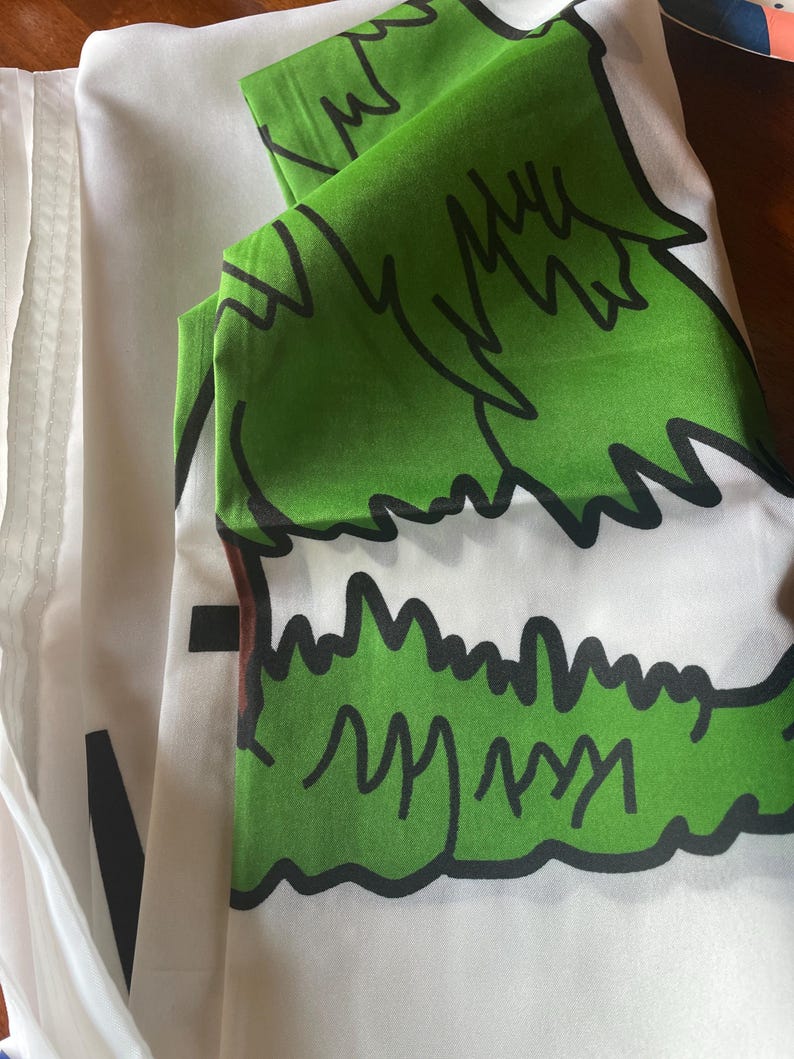 Puede incluir: Una bandera blanca con un dise&ntilde;o de tr&eacute;bol verde. El tr&eacute;bol est&aacute; bordeado de negro y tiene un centro blanco.