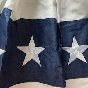 Puede incluir: Primer plano de una tela con tem&aacute;tica patri&oacute;tica. El dise&ntilde;o presenta estrellas blancas bordadas sobre un fondo azul marino, con rayas blancas y azul marino. La tela es probablemente parte de una bandera o un art&iacute;culo decorativo.