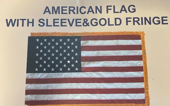 Embroidered Sewn Stars USA Cotton sleeves  Flag with Gold Fringe (3x5ft) Hawaii sleeves fringes