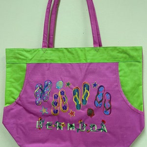 Embroidered Bermuda Beach Tote Bag: Synthetic Cotton, Zip Closure (21x16 inches)