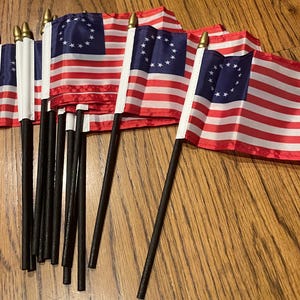 May include: A collection of small American flags, featuring a blue canton with white stars arranged in a circle and red and white stripes. The flags are mounted on black wooden sticks with gold-colored tips.