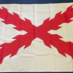 May include: A white flag with a red cross. The cross is made up of jagged lines, giving it a sharp, pointed appearance.