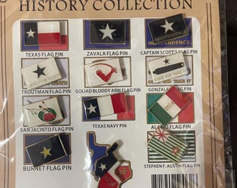 12 Peices of Texas collection and historical pins; Hand stamped cloisonné pin