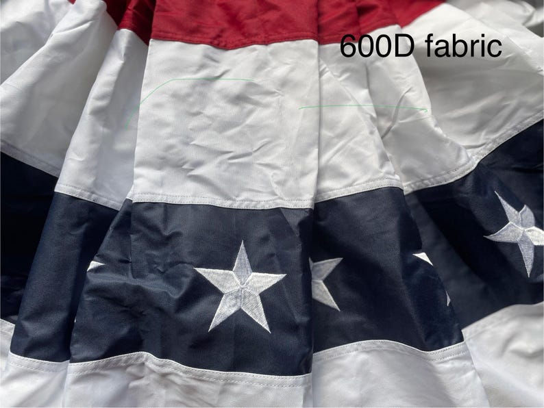 Puede incluir: Primer plano de una tela con un dise&ntilde;o patri&oacute;tico. La tela presenta rayas rojas, blancas y azul marino y estrellas blancas bordadas. El texto "600D fabric" es visible en la tela.
