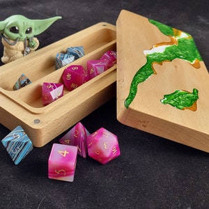 Dice Vault | Beech Wood ~ Resin Inlay ~ Magnets ~ For Two Dice Sets ~ D&D, Pathfinder, TTRPG Accessory